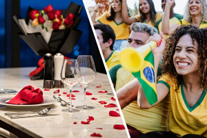 Card horizontal dividido ao meio de forma diagonal com duas fotos. À esquerda, foto de uma mesa com petálas de rosa, duas taças e um buquê de rosas ao fundo. Do lado direito, pessoas vestindo uma camiseta amarela e torcendo pelo Brasil.