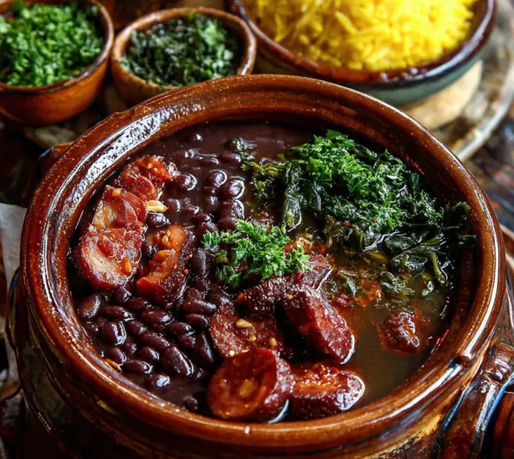 Foto horizontal mostra uma panela marrom com uma feijoada, composta por feijão preto, carnes, linguiça e couve. Atrás, aparecem desfocadas travessas marrons menores com couve e farofa.